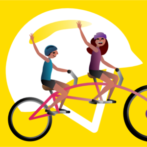 kids on a bike and big helmet illustration
