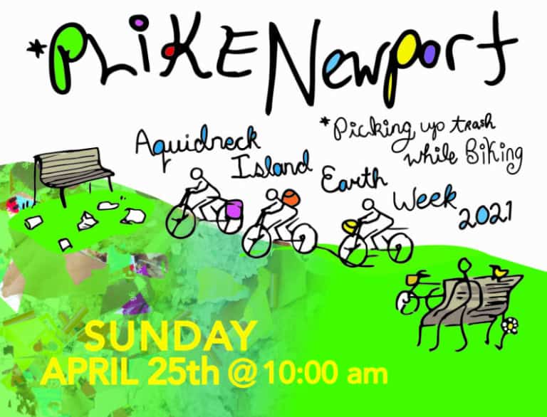 Illustration of bikers picking up litter with text