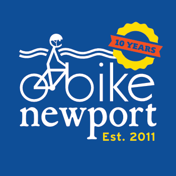 blue square Bike Newport logo with 10 year anniversary tag