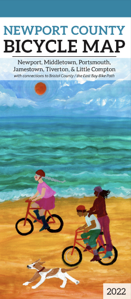 Cover of the Newport County Bike Map - painted illustration of cyclists and a dog biking on the beach with the ocean and a red sun in the background