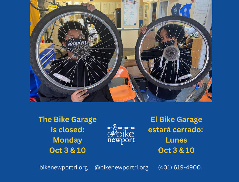 Bike Garage closed notice. Two young people in masks posing with bicycle wheels in front of their faces. With text in English and Spanish El Bike - Garage estará abierto