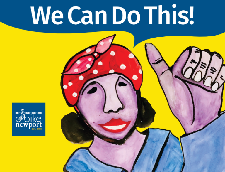 Illustration with person evoking "Rosie the Riveter". A person with dark hair in a red spotted bandana pointing to text balloon: "We Can Do It!"