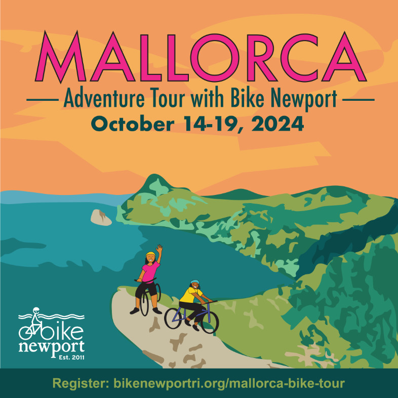 bright colored illustration of two cyclists before the Mallorcan sea and cliffs