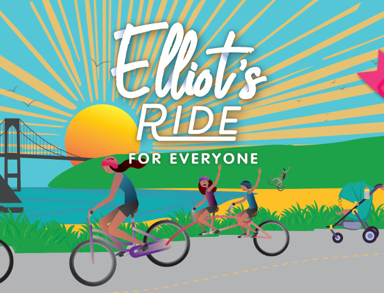 illustrated poster of a bicycling family by the seaside with text: Elliot's Ride for Everyone.