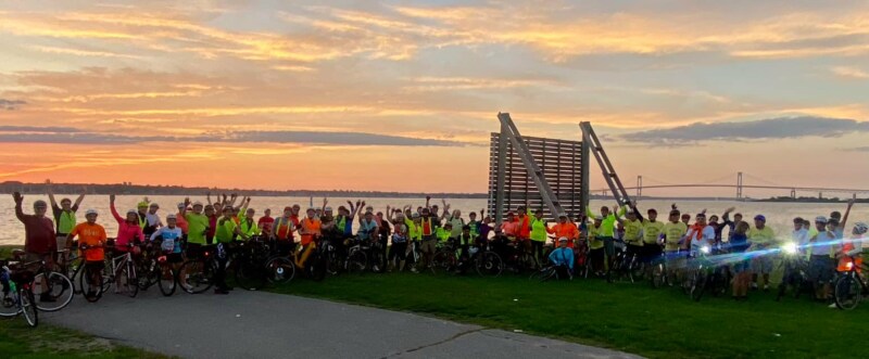 Riders stopped for the sunset at Fort Adams in Newport RI