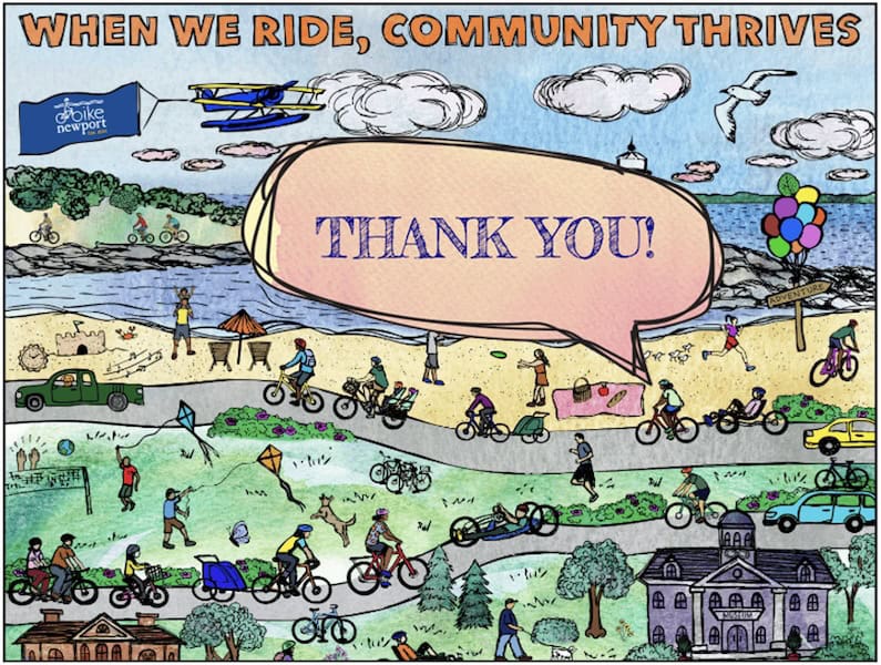 A vibrant illustration of people biking, walking, and enjoying outdoor activities by the water at Bike Newport, promoting community health and eco-friendly transportation in Newport RI.