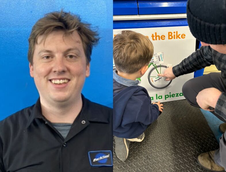 Headshot of Mark Simms on the left and Mark working with a young garage participant on the right.