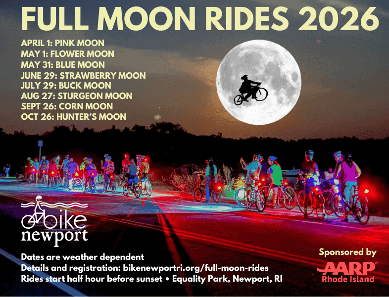 Night cycling under the full moon at Sunset and Moonrise, promoting diversity and inclusion in cycling. Join Bike Newport for monthly moon rides along Ocean Loop, celebrating community and outdoor adv.