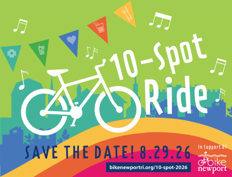 Colorful bicycle ride event poster promoting the 10-Spot Ride for Bike Newport.
