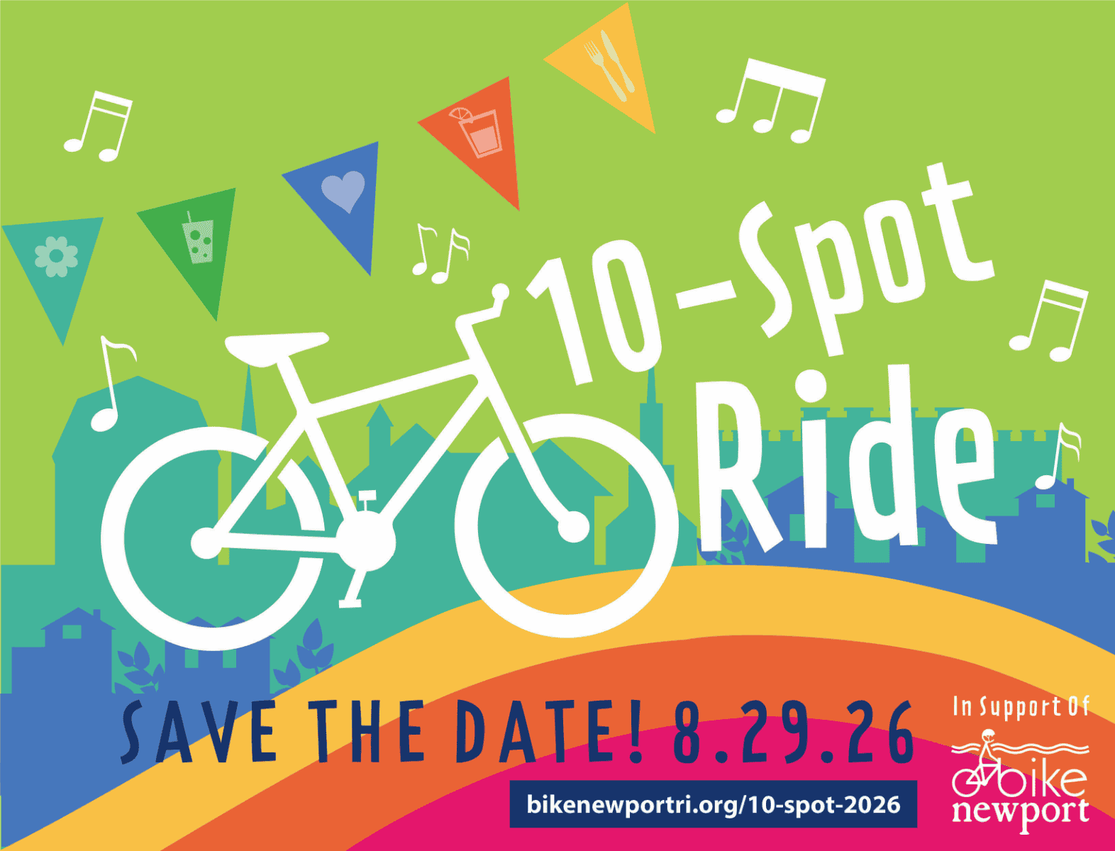 Colorful bicycle ride event poster promoting the 10-Spot Ride for Bike Newport.