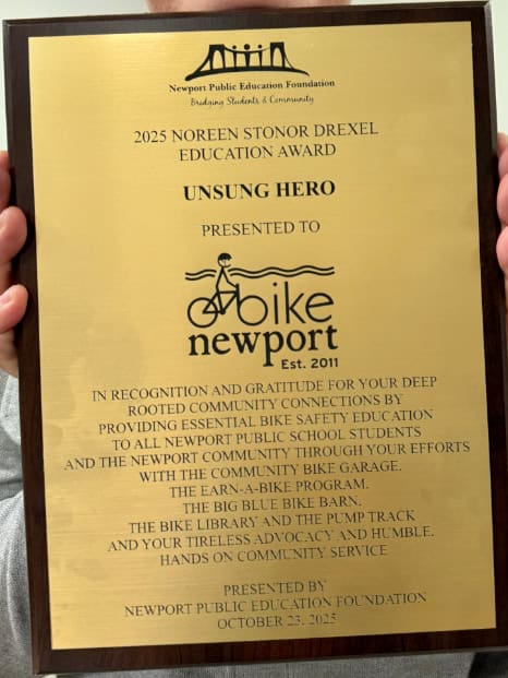 Bike Newport 2025 Noreen Stonor Drexel Education Award plaque.