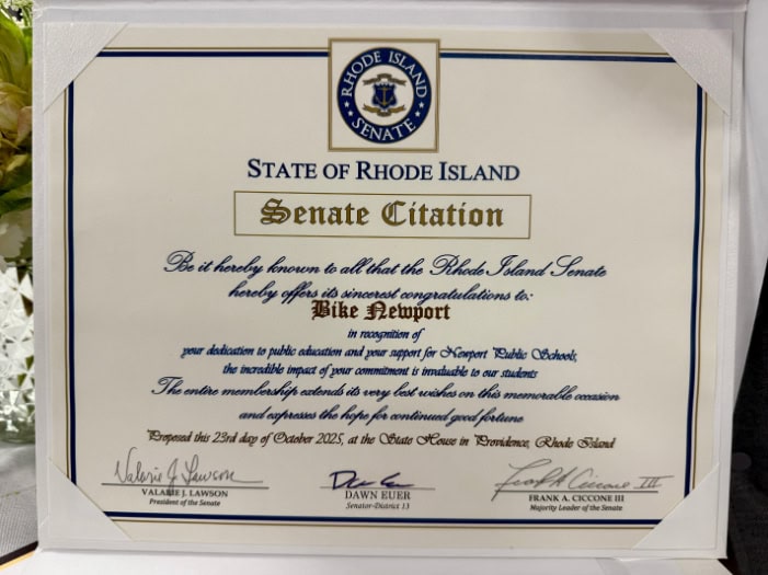 Bike Newport Rhode Island Senate Citation honoring public advocacy and support for local schools.