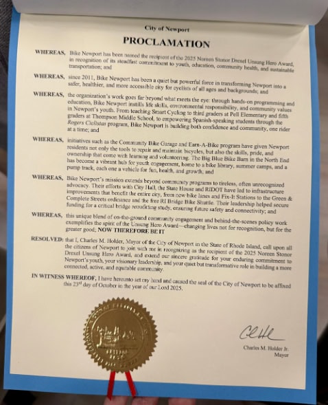 Bike Newport community proclamation recognizing cycling initiatives and sustainable transportation efforts in Newport, Rhode Island.