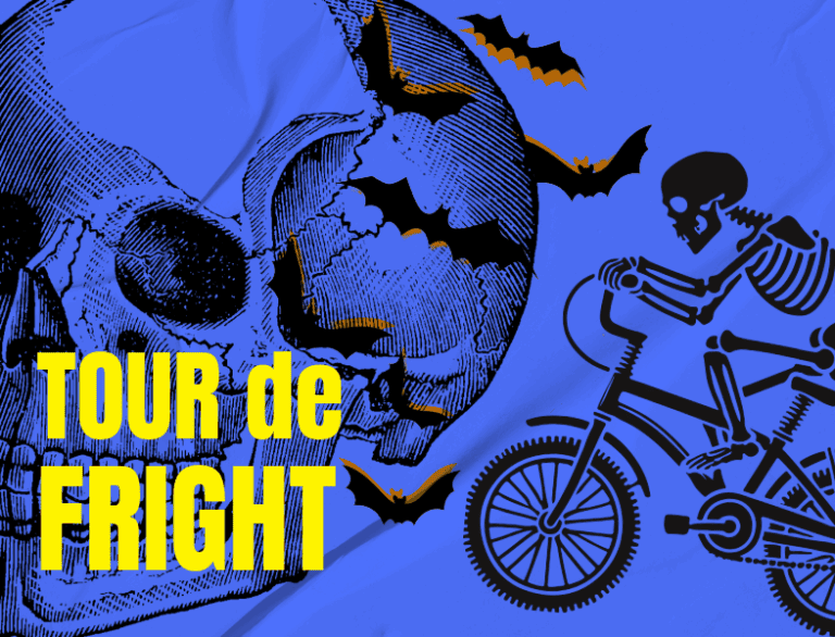 Skull and skeleton riding a bicycle for a Halloween themed bike tour event on spooky trails.