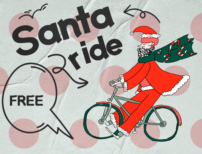 Festive Santa riding a bicycle during Bike Newport's holiday event for free.
