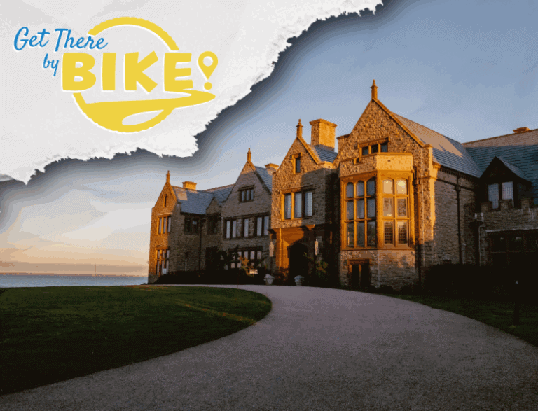 Historic Newport mansion with scenic coastal views, promoting biking and outdoor activities in Rhode Island.