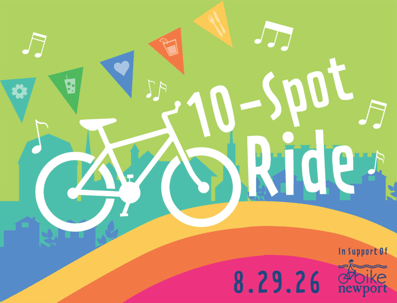 Festive bike race poster for Bike Newport’s 10-Spot Ride event on August 29, 2026.