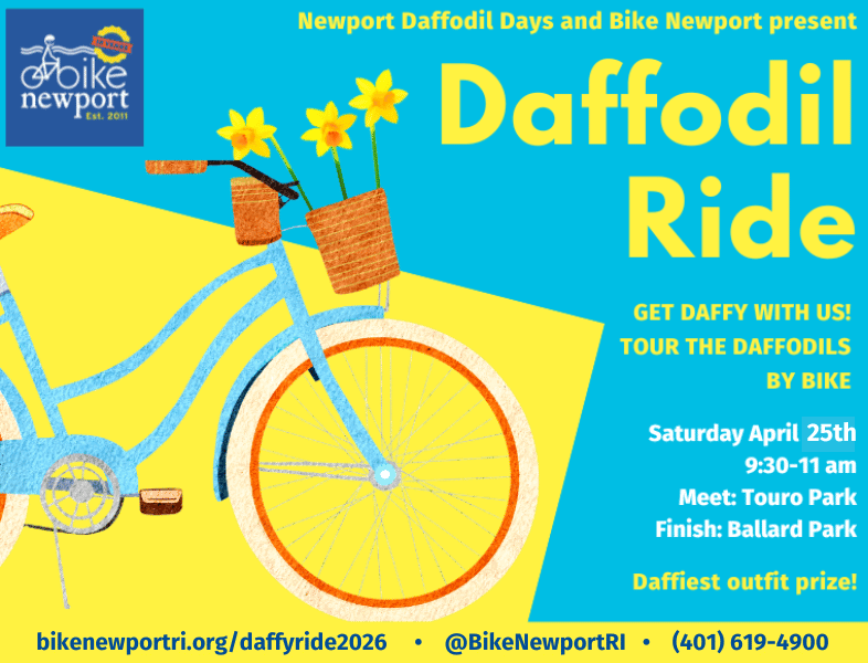 Bike Newport Daffodil Ride event promoting spring cycling in Newport Rhode Island with flower-themed bikes, family-friendly route, and community celebration.