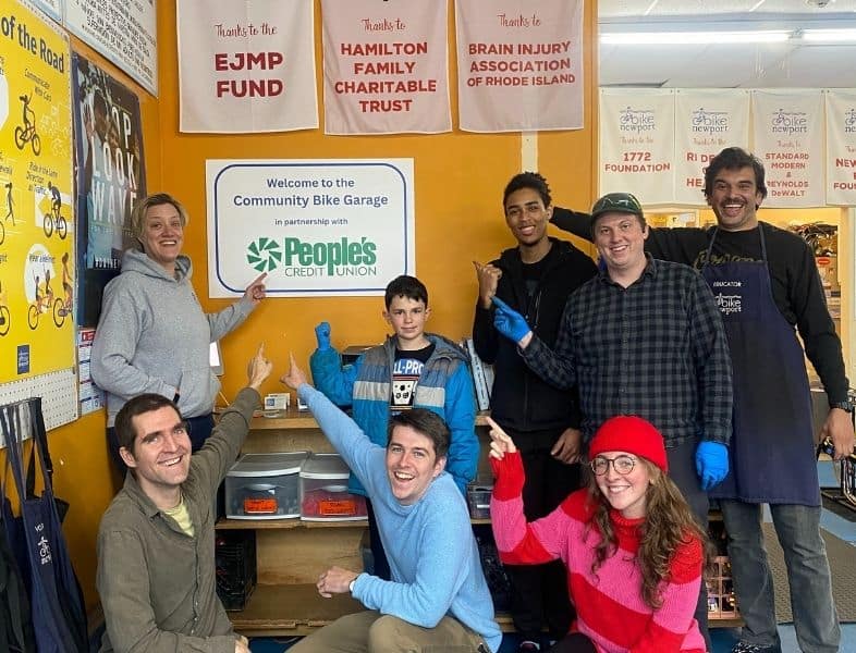 Community bike garage volunteers at Bike Newport supporting local bike repair and advocacy efforts.