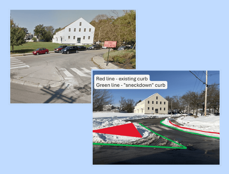Close-up of street with snow highlighting sneckdowns, showing curb use for street planning, featuring green "sneckdown" curb lines and existing red curb markings for traffic and pedestrian safety.