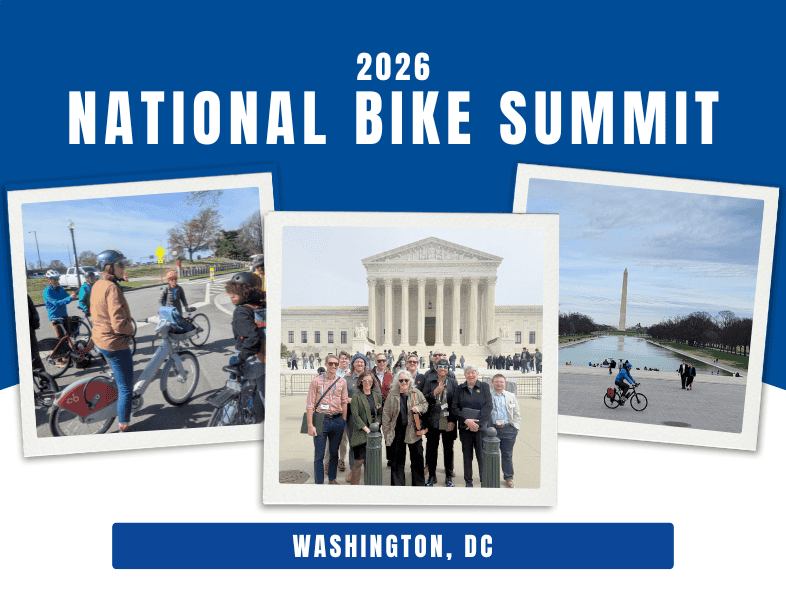 Diverse group of cyclists and advocates at the 2026 National Bike Summit in Washington, DC, promoting inclusive cycling initiatives and community engagement.