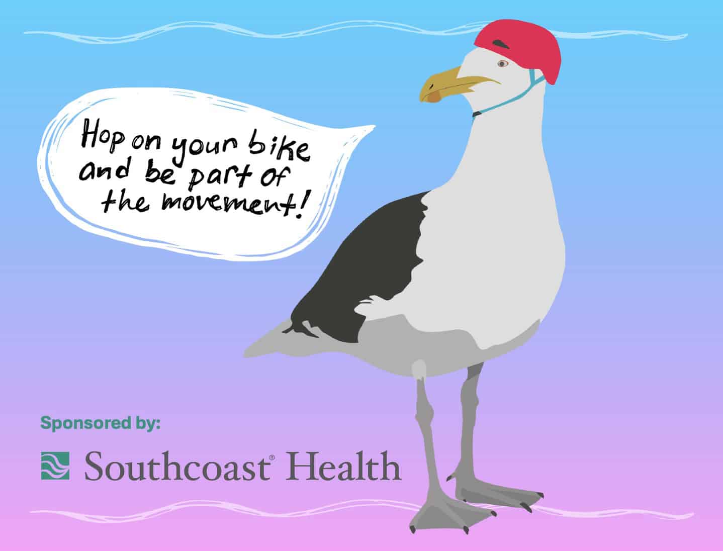 Helmeted Seagull mascot inviting you to the Bike to Work Day event