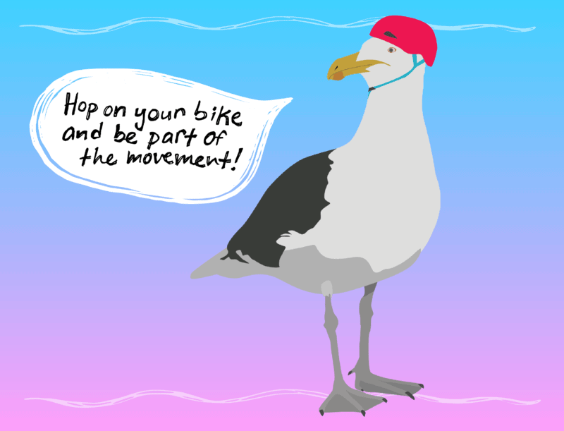 A seagull wearing a red cap encourages cycling for diversity and inclusion.