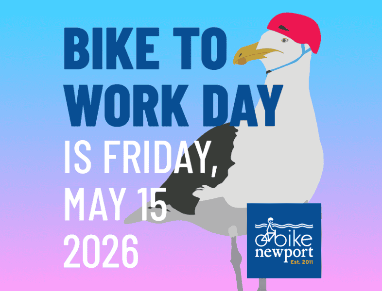 Text: Bike to Work Day - May 15, 2026. With a helmeted Seagull