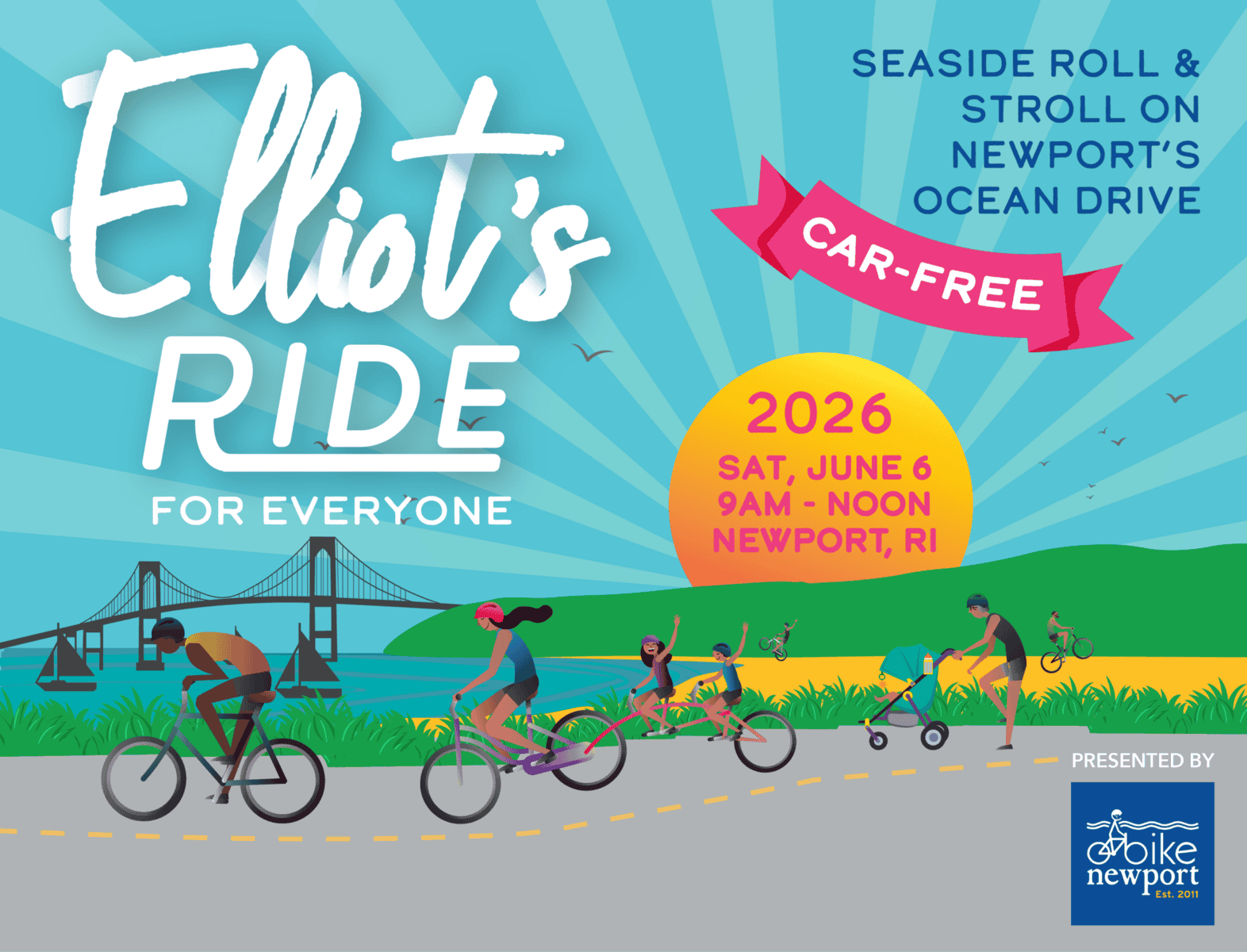 Bike on Car-Free Streets! - Join our cycling advocacy event promoting diversity and inclusion on Newport's car-free ocean drive. Celebrate safe, accessible biking for everyone during Elliot's Ride.