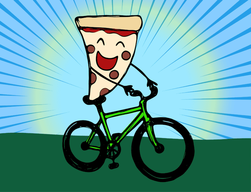 A cheerful cartoon slice of pizza with a smiling face riding a green bicycle, emphasizing diversity and inclusion in cycling advocacy.