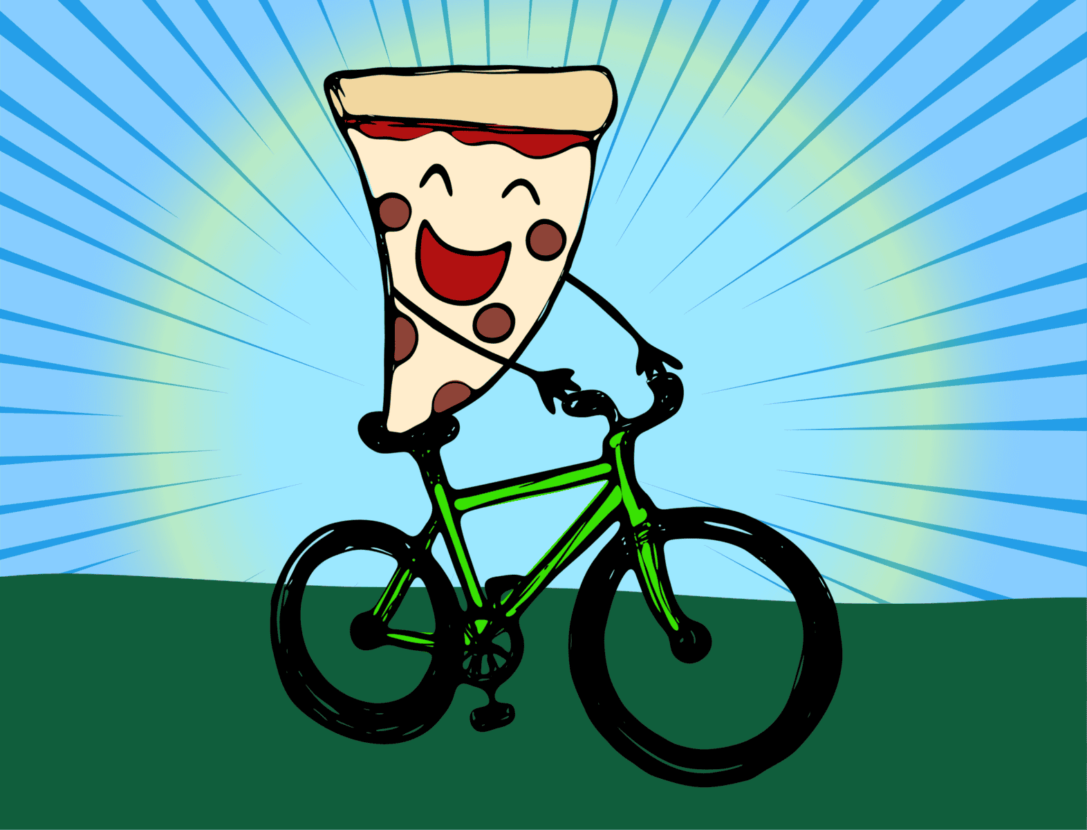 A cheerful cartoon slice of pizza with a smiling face riding a green bicycle, emphasizing diversity and inclusion in cycling advocacy.