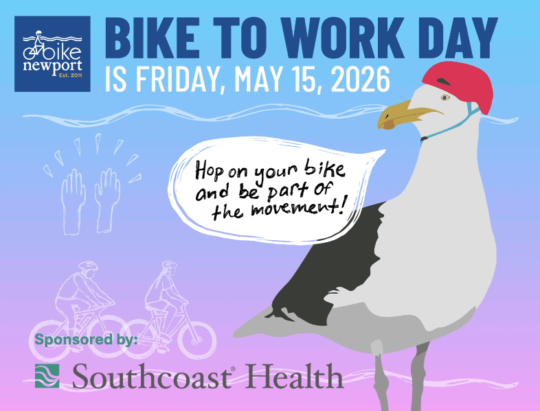 Bike to Work Day image with event date, helmeted seagull mascot and SouthCoast Health sponsor logo