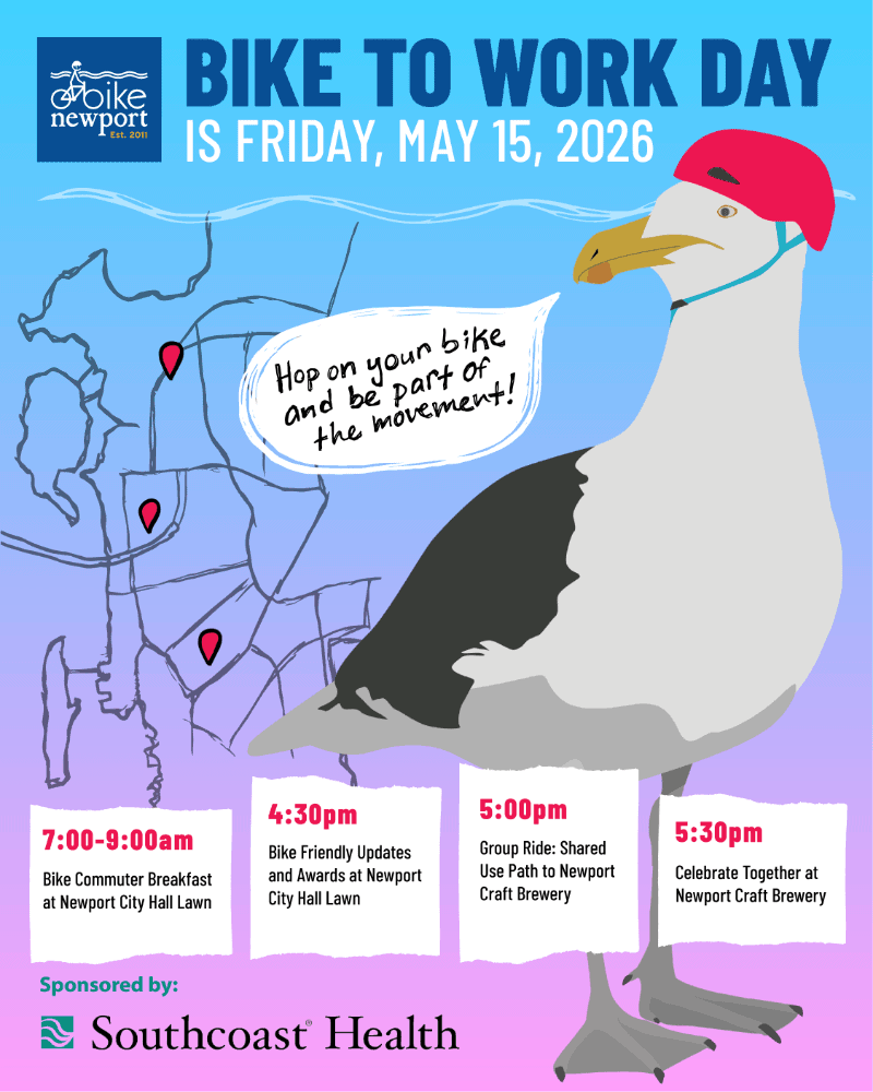 Bike to Work day poster with helmeted seagull mascot and schedule on a gradient background