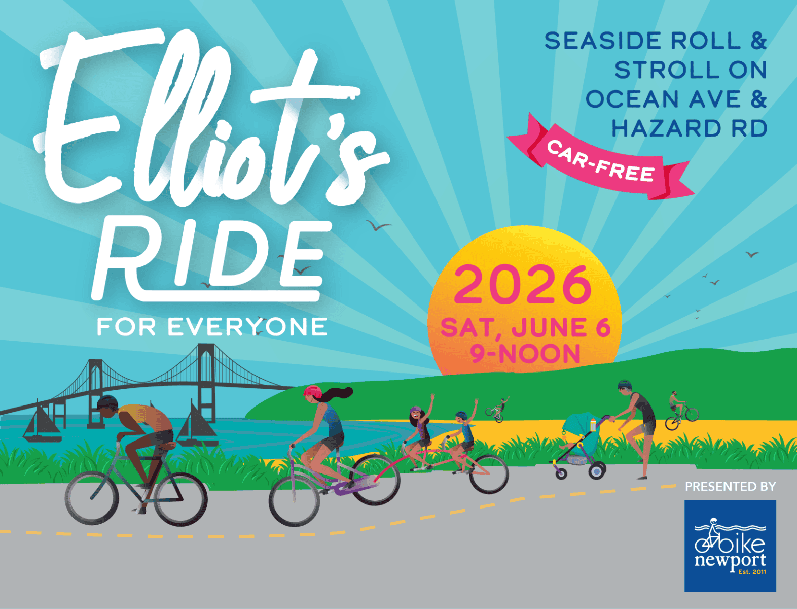 A vibrant illustration of diverse cyclists riding along Newport's ocean drive during a car-free event, emphasizing community, inclusivity, and sustainable transportation.