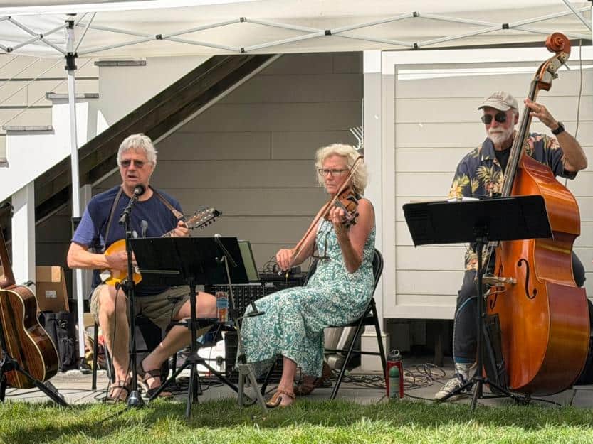 A folk trio performs seated under a white tent — mandolin, violin and upright bass.
